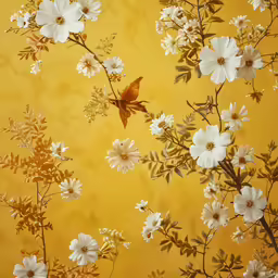 a group of white flowers in front of yellow background