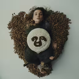 an overhead view of a woman with a knitted panda pillow