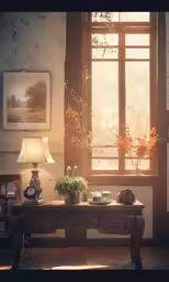 a desk is sitting under the window with a vase