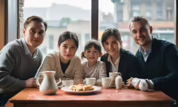 three people pose with two young children at a table