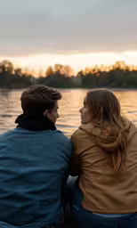 two people sitting on top of a wooden dock near water