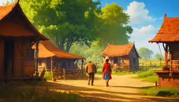people are walking around in a village near a group of houses,an animated village with people walking down the road