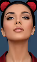 an asian woman wearing ears is posing for the camera