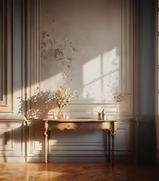 the corner of an empty room with an old table
