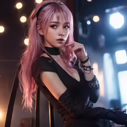 a woman in black shirt and black gloves posing with pink hair