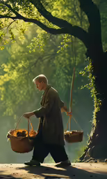 an older man in an open field holding two baskets