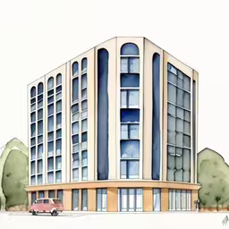 a drawing of an architectural building with many windows,a drawing of an office building with cars in front,a drawing of a building with a red car parked in front,this painting depicts a building and its surroundings,a drawing of an apartment building with a car on the road