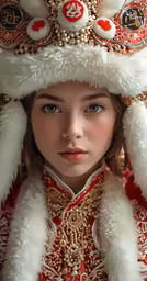 a young girl in a russian costume with elaborate white headdress and a red and gold fur trimmed hat