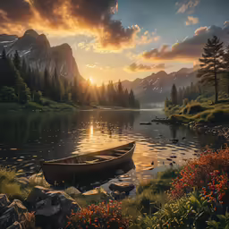 a boat sits in the middle of a lake with the sun setting