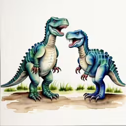 two dinoos in the grass facing each other