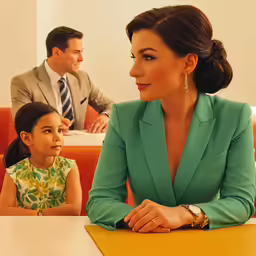 a woman in a green suit and man are sitting around