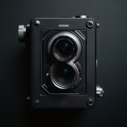 the front view of a black camera with an open lens