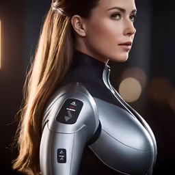 a woman with a very long hair and futuristic outfit