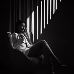 a woman sits in a chair with her legs crossed