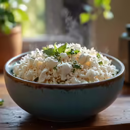a bowl of rice is on the counter