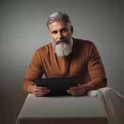a man with a white beard wearing a brown sweater