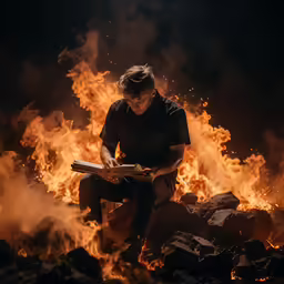 a man sitting on top of a pile of rocks reading a book