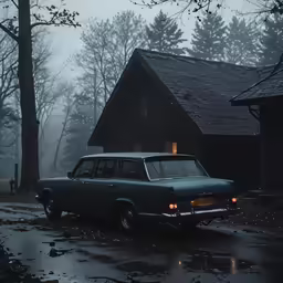 a car parked on the side of the road by a house
