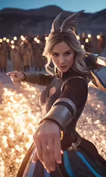 a woman pointing at a group of other people
