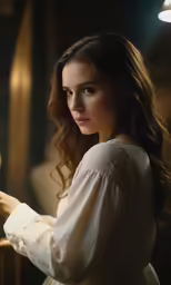 the woman looks at the light shining through her hands