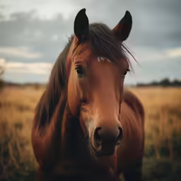 a brown horse standing in the middle of a field