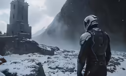 a person standing in front of an old tower