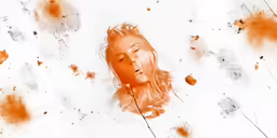 an orange watercolor painting of a girl surrounded by bubbles of smoke