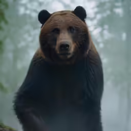 a brown bear standing on a rock with fog
