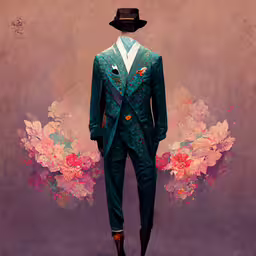 a painting of a man in a suit with a black hat and flowers,a painting of a man in a suit and hat