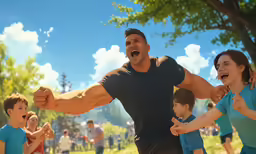 a man is jumping and holding up arms as a group of children watch