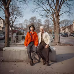 two men are seated on a wall by a tree
