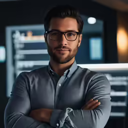 a young man with glasses standing by his office