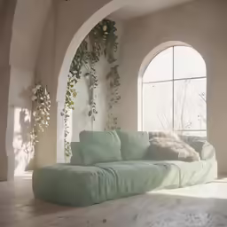 a living room has an arched glass wall