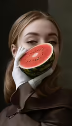 the woman is wearing white gloves and eating a watermelon