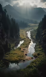 a creek in the middle of some grass and a hill