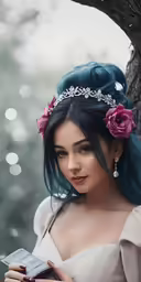 a woman in a princess outfit, holding an electronic device