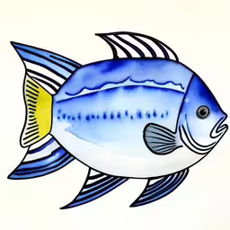 a watercolor drawing of a blue fish on paper,a drawing of a small blue fish on a white background,the watercolor drawing is of a blue fish,a blue fish sitting on top of a table,the blue fish is on display for the people