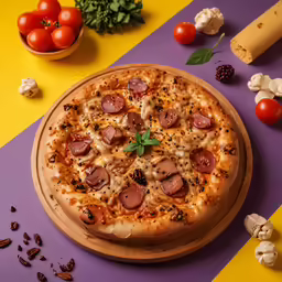pizza sitting on top of a wooden plate