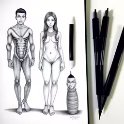 a sketch is shown of two naked people, one standing and the other standing,an ink drawing of two people are shown next to some pens,a sketch is set up on a table with pens and markers,a sketch of two people with a man and a woman,a drawing of a naked woman next to a man with the skin on his back