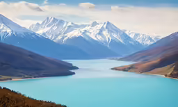 a lake surrounded by mountains and water