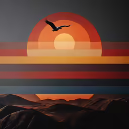 a bird flying in front of the sun and mountains