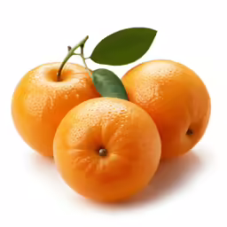 three oranges on a white surface with a leaf sticking out of it