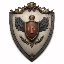 a shield with black and gold detailing with wings