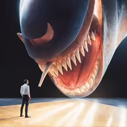 a man standing in front of a large shark head