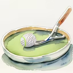 a tennis ball resting on a saucer,a watercolor drawing of a tennis racket and ball,a watercolor painting of a spoon and tennis ball,watercolor drawing with tennis ball in dish and two spoons,a tennis ball in a bowl of green paint
