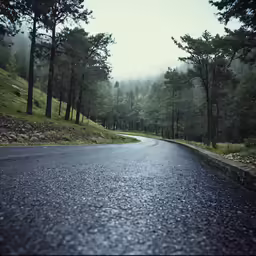 a road in the woods, with a fog in the air