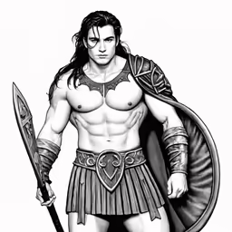 the greek warrior with an open chest and helmet, in black and white
