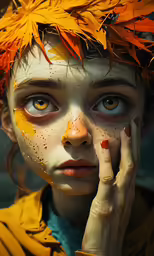 a woman with orange and yellow makeup on her face