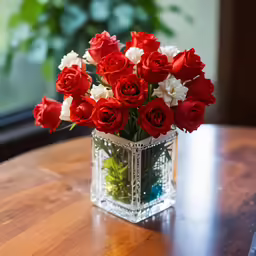 a bouquet of roses that are sitting on a table