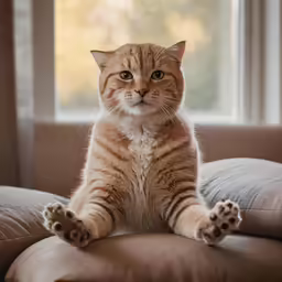 a small cat is sitting on a brown sofa